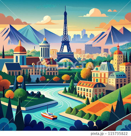 A cityscape with the Eiffel Tower in the center. The buildings are tall and the sky is blue 115735822