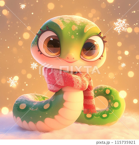 3D green snake is wearing a red and white scarf and is posing for a picture. The image has a playful and whimsical mood, as the snake is dressed up in winter clothing 115735921