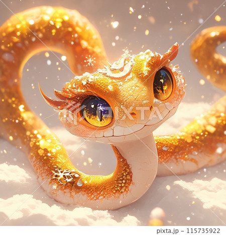 3D snake with a gold and white body and yellow eyes is shown in a snowy setting. The snake appears to be smiling and is surrounded by snowflakes 2025 115735922
