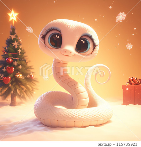 3D cartoon snake is sitting in front of a Christmas tree. The snake is smiling and has blue eyes 2025 115735923