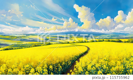 なだらかな大地の菜の花畑のイラスト 115735962