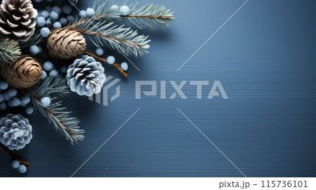 Pinecones and frosted branches with berries on a dark blue background. 115736101