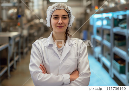 Smiling Expert in Lab Coat at Food Factory Smiling Expert in Lab Coat at Food Factory 115736160
