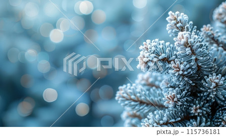 Frosted pine branches and berries arranged against a blue background with snowflakes. 115736181