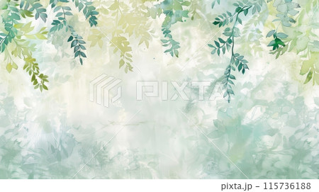 Dreamy watercolor background in shades of green and blue, with various botanical elements. Perfect for nature, wellness, and eco-themed projects. 115736188
