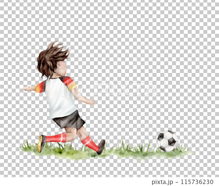Football player young sportsman hand drawn with watercolor ball on green grass. Boy play football in uniform. Isolated illustration of a soccer game. Football player young sportsman hand drawn with watercolor ball on green grass. Boy play football in uniform. Isolated illustration of a soccer game. 115736230