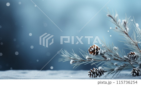 Frosty pine branch with pinecones against a blue background Frosty pine branch with pinecones against a blue background 115736254