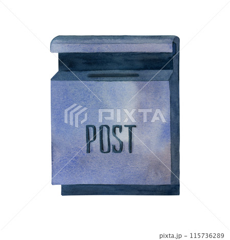 Watercolor illustration, a mailbox for letters in blue with the inscription mail. All elements are hand-painted with watercolors. For printing on fabric, paper, scrapbooking, postcards. 115736289