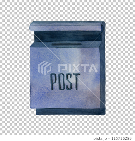 Watercolor illustration, a mailbox for letters in blue with the inscription mail. All elements are hand-painted with watercolors. For printing on fabric, paper, scrapbooking, postcards. 115736289
