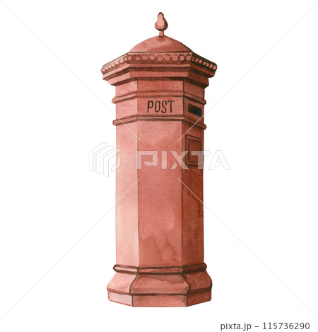 Brown standing mailbox hand painted in watercolor. Watercolor illustration. World Post Day. Suitable for printing on fabric, paper, scrapbooking, postcards. Brown standing mailbox hand painted in watercolor. Watercolor illustration. World Post Day. Suitable for printing on fabric, paper, scrapbooking, postcards. 115736290