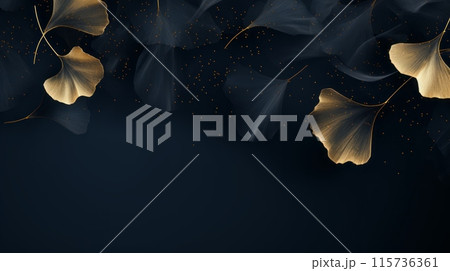 Dark background with golden leaves, creating an effect of sophistication and elegance. Perfect for premium and luxurious projects. 115736361