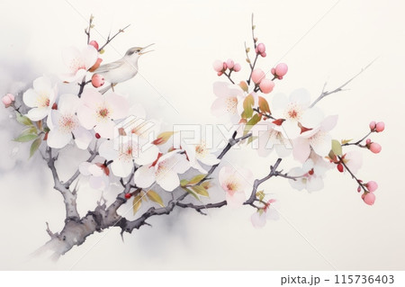 A delicate watercolor painting of a bird perched on a branch of cherry blossoms, showcasing the beauty and elegance of nature. A delicate watercolor painting of a bird perched on a branch of cherry blossoms, showcasing the beauty and elegance of nature. 115736403