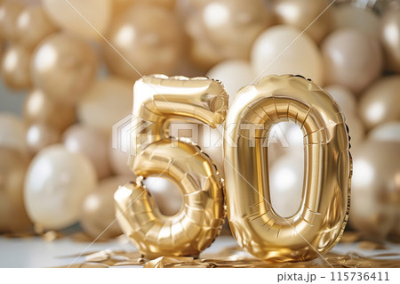 Golden, shiny number fifty with blurred beige balloons on the background. Symbol 50. Invitation for a fiftieth birthday party or business anniversary. Generative AI. 115736411