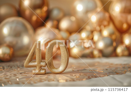 Golden, shiny number number forty with blurred beige balloons on the background. Symbol 40. Invitation for a fortieth birthday party or business anniversary. Generative AI. Golden, shiny number number forty with blurred beige balloons on the background. Symbol 40. Invitation for a fortieth birthday party or business anniversary. Generative AI. 115736417