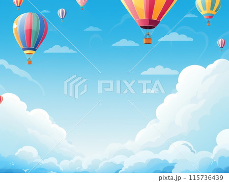 Colorful hot air balloons floating in a bright blue sky. Colorful hot air balloons floating in a bright blue sky. 115736439