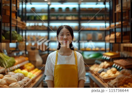 Smiling Female Store Owner in Bright Supermarket Smiling Female Store Owner in Bright Supermarket 115736644
