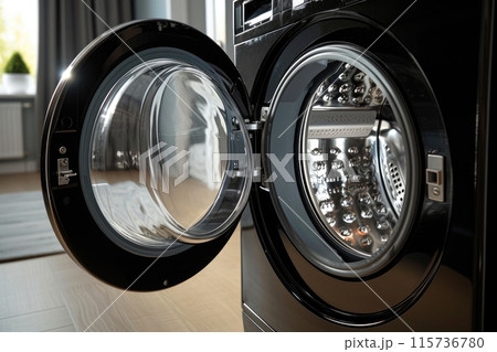 Modern Utility: Close-up of Black Washing Appliance Modern Utility: Close-up of Black Washing Appliance 115736780