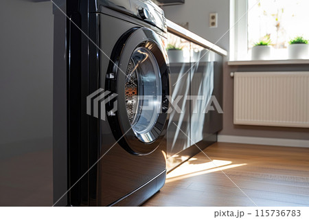 Chic Laundry Design: Close-up of Open-Door Washing Tech 115736783