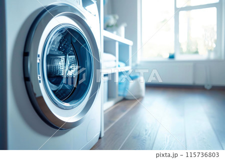 Laundry Room Aesthetics: Close-up of Open Washer Laundry Room Aesthetics: Close-up of Open Washer 115736803