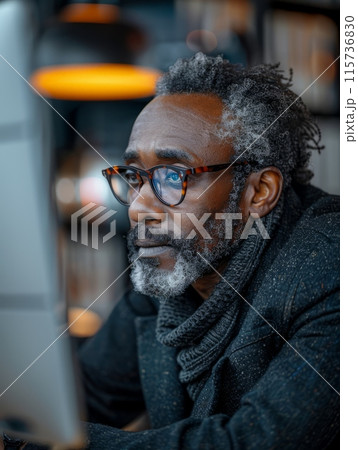 Focused elderly man with glasses working at a computer. Focused elderly man with glasses working at a computer. 115736830