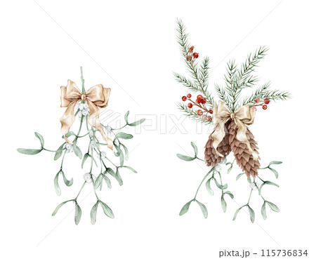 Christmas traditional watercolor hanging mistletoe bouquet with golden bow isolated on background. Hand painted illustration for winter design. New years white and red berry branch with green leaf. 115736834