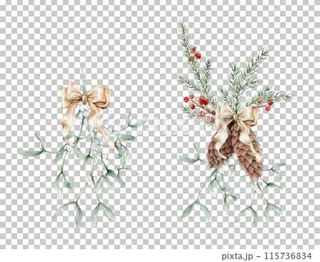 Christmas traditional watercolor hanging mistletoe bouquet with golden bow isolated on background. Hand painted illustration for winter design. New years white and red berry branch with green leaf. 115736834