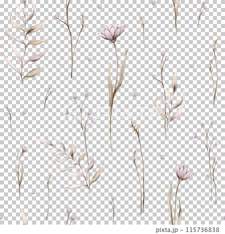 Watercolor seamless pattern floral delicate pastel vintage green violet brown bouquet. Hand drawn illustration isolated on white background. Repeat flower and herb herds pastel color Watercolor seamless pattern floral delicate pastel vintage green violet brown bouquet. Hand drawn illustration isolated on white background. Repeat flower and herb herds pastel color 115736838
