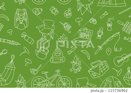 Seamless pattern on the theme of picnic, travel and camping. Doodle style. Vector 115736962