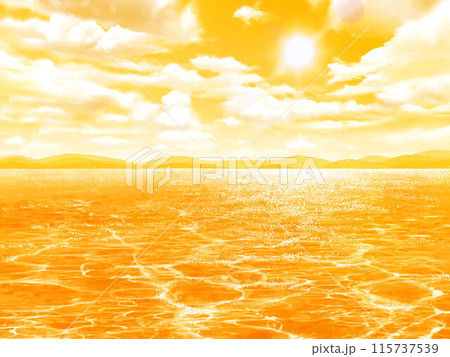 夕暮れの光差し込む空の下、夕日に照らされて輝く美しい海沿いー夏の