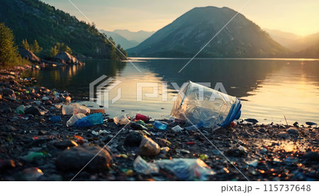 Plastic pollution of beautiful mountain lake 115737648