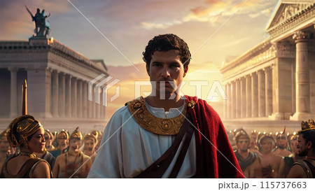 Portrait of young Roman emperor in front of large crowd, generative AI 115737663