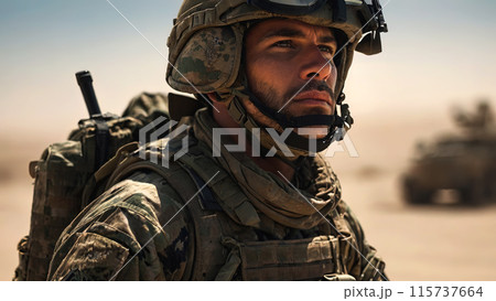 Soldier in harsh desert environment, generative AI 115737664