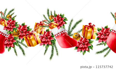 Seamless border with red christmas stocking with fir branches and holly berry, red satin bow, watercolor pine branch and red berries, gift and shiny balls. New year botanical december symbol Seamless border with red christmas stocking with fir branches and holly berry, red satin bow, watercolor pine branch and red berries, gift and shiny balls. New year botanical december symbol 115737742