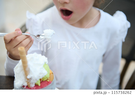 Child enjoying a bowl of ice cream with whipped cream 115738262