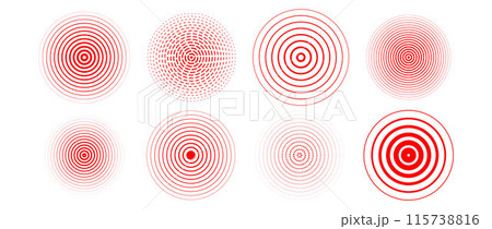 Red concentric circle set. Radial sonar or sound wave ring collection. Halftone, dashed and dotted line epicenter, target, radar icon symbol pack. Ripple concentric signal vibration elements. Vector 115738816