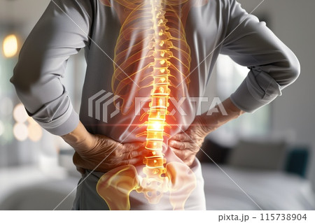 Digital rendering of a person with lower back pain and visible spine, suitable for medical studies and pain management materials 115738904
