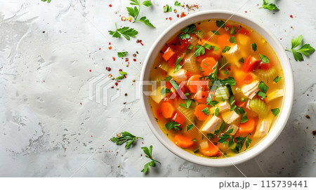 Delicious vegetable soup with herbs and spices 115739441