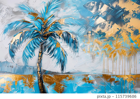 Vibrant oil painting of tropical beach scene in blue, white and gold colors Vibrant oil painting of tropical beach scene in blue, white and gold colors 115739686