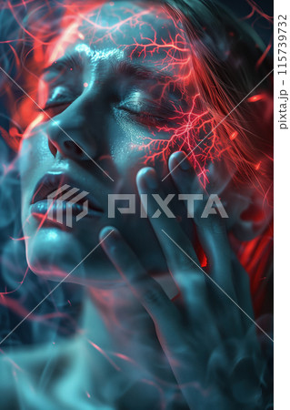 A woman suffers from severe headache. Migraine attack A woman suffers from severe headache. Migraine attack 115739732