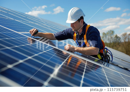 An engineer installs and adjusts the operation of solar panels 115739751