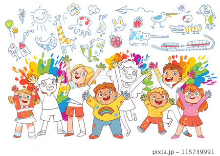 ute boys and girls characters painting doodles with chalk. Colorful blots in background ute boys and girls characters painting doodles with chalk. Colorful blots in background 115739991