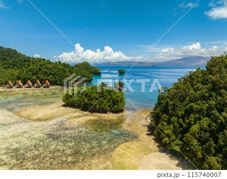 Top view of beach resort with lagoon. Sohoton Cove. Seascape. Bucas Grande Island. Mindanao, Philippines. 115740007