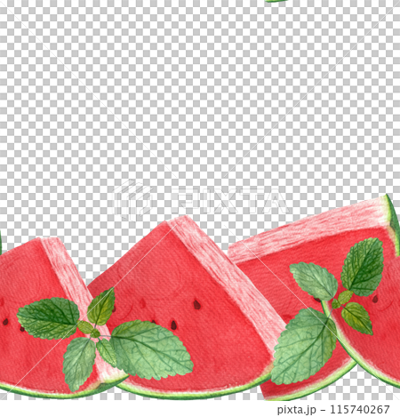 Watermelon juicy slice with mint leaves seamless border. Watercolor isolated on white background, hand drawn for food design. Packages, juice, smoothie, menu, organic food, ice cream label, drinks Watermelon juicy slice with mint leaves seamless border. Watercolor isolated on white background, hand drawn for food design. Packages, juice, smoothie, menu, organic food, ice cream label, drinks 115740267