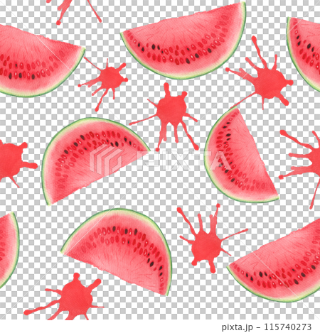Watermelon whole, juicy slice with a few seeds, mint. Watercolor seamless pattern isolated on white background, hand drawn for food design. Packages, textile, wrapping paper, ice cream label, logo 115740273