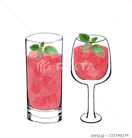 A tall glass and wine glass set with watermelon cubes, pink juice and mint. Watercolor, ink art isolated on white, hand drawn for food design. Great for juice, smoothie, menu, organic food, logo decor 115740274