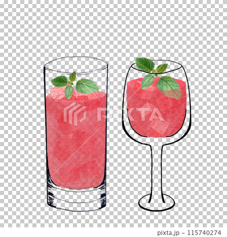 A tall glass and wine glass set with watermelon cubes, pink juice and mint. Watercolor, ink art isolated on white, hand drawn for food design. Great for juice, smoothie, menu, organic food, logo decor 115740274