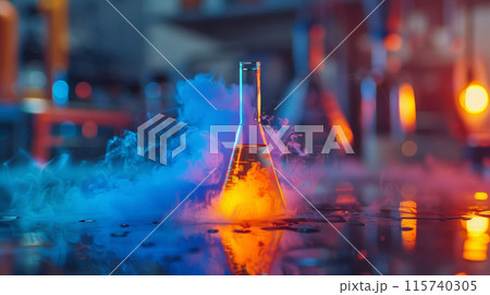 A glass beaker with a blue liquid inside is surrounded by a cloud of steam 115740305
