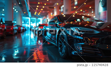 Modern shiny car parked at store at night, luxury new vehicle on city street near shop window. Urban reflections and lights background. Concept of sport, design, road 115740428