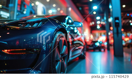 New shiny cars in showroom of dealership, modern luxury vehicles for sale. Night reflections and lights background. Concept of shop, store, window, retail, 115740429