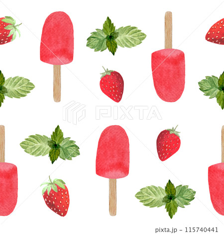 Strawberry ice-cream, mint, frozen sherbet on a wooden stick. Watercolor seamless pattern isolated on white, hand drawn for food design. Packages, wrapping paper, fabric, natural organic food, textile Strawberry ice-cream, mint, frozen sherbet on a wooden stick. Watercolor seamless pattern isolated on white, hand drawn for food design. Packages, wrapping paper, fabric, natural organic food, textile 115740441